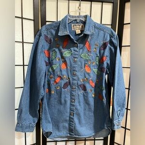 TANTRUM BLUES Embroidered Denim Shirt with AUTUM Leaf Design, WOMEN SIZE S